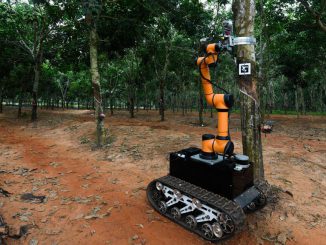 VIA XINHUA NEWS AGENCYAn autonomous rubber-tapping robot works at a rubber plantation attached to a natural rubber industry company in south China's Hainan Province, Nov. 19, 2019. The robot recently started an on-site rubber tapping trial run with an aim of enhancing efficiency and automation of rubber production. (Photo by Yang Guanyu/Xinhua via Getty Images)