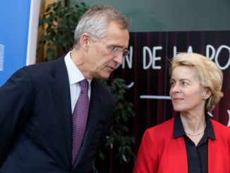 NATO General Secretary Jens Stoltenberg (L) and the President of the European Commission Ursula von der Leyen (R) arrive for an EU Commission NATO college Seminar in Brussels. (Thierry Monasse/Getty Images)