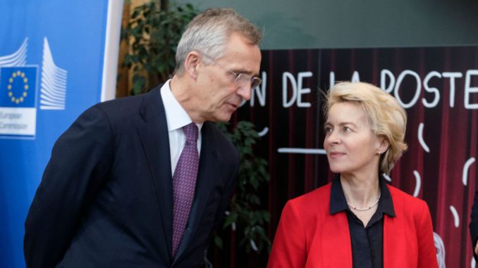 NATO General Secretary Jens Stoltenberg (L) and the President of the European Commission Ursula von der Leyen (R) arrive for an EU Commission NATO college Seminar in Brussels. (Thierry Monasse/Getty Images)