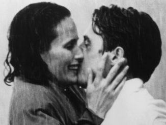 Andie MacDowell And Hugh Grant kiss in the rain in a scene from the film 'Four Weddings And A Funeral', 1994. Rom-coms have involved kissing in the rain in major blockbuster movies. GRAMERCY PICTURES/ACCUWEATHER