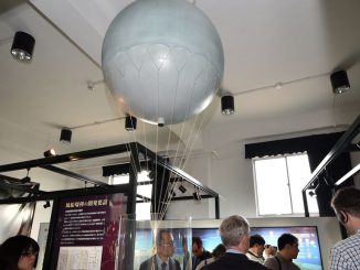 A one-tenth scale model of Japanese Imperial Army's paper balloon bomb, displayed by Japan's Meiji University at the museum of Japanese Imperial Army's Noborito laboratory in Kawasaki, suburban Tokyo on May 29, 2015. (YOSHIKAZU TSUNO/AFP via Getty Images)