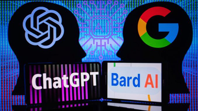 strongGoogle Bard VS OpenAI ChatGPT displayed on Mobile with OpenAI and Google logo on the screen seen in this photo illustration, Feb. 7, 2023 in Belgium. JONATHAN RAA/GETTY IMAGES/strong