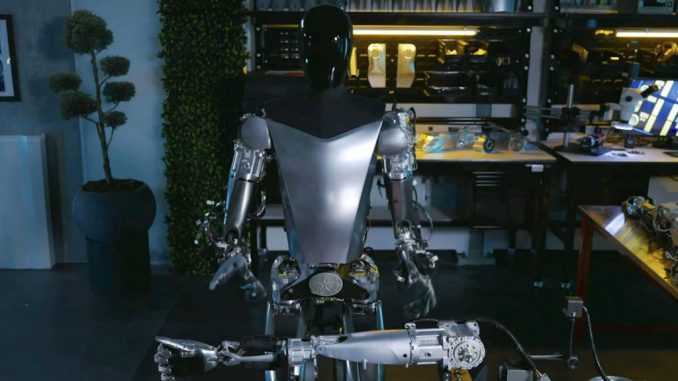 Elon Musk has shown off progress on his Terminator-like Tesla Bot. Musk has building robots at Tesla's gigafactory in Austin, TX giving an insight of the future. TESLA/SWNS TALKER