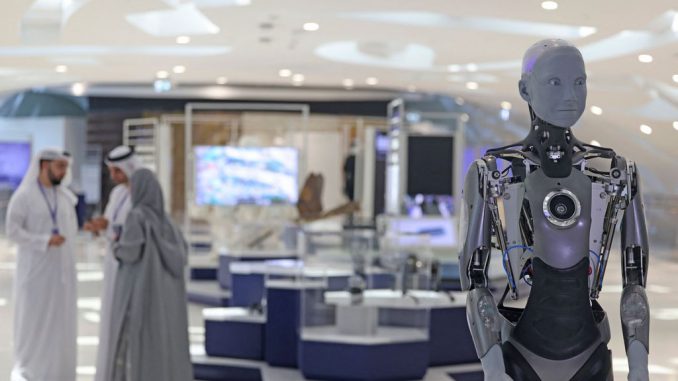 strongThe Ameca humanoid robot greets visitors at Dubai's Museum of the Future, on October 11, 2022. The United Arab Emirates is fully embracing the new AI technology and wants to incorporate such tools within the education sector. KARIM SAHIB/AFP/GETTY IMAGES/strong