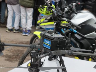 A police drone stands in the courtyard of the Kommunale Gesamtschule Am Schwemmbach during the opening of the Thuringian police's recruitment campaign. Ten Israeli companies will be present at the United Arab Emirates’ World Police Summit. BODO SCHACKOW/JNS