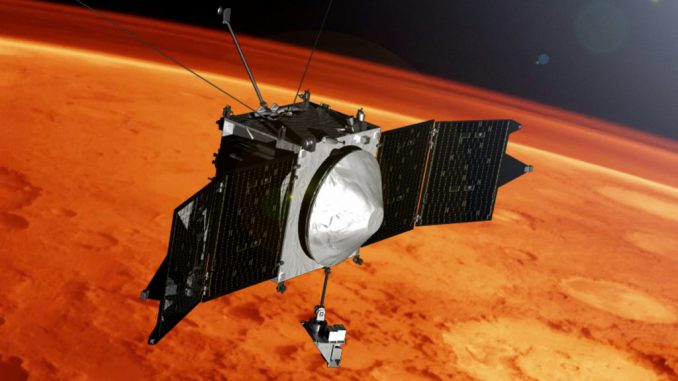 Artist concept of the Mars Atmosphere and Volatile Evolution (MAVEN) spacecraft. (NASA via SWNS)