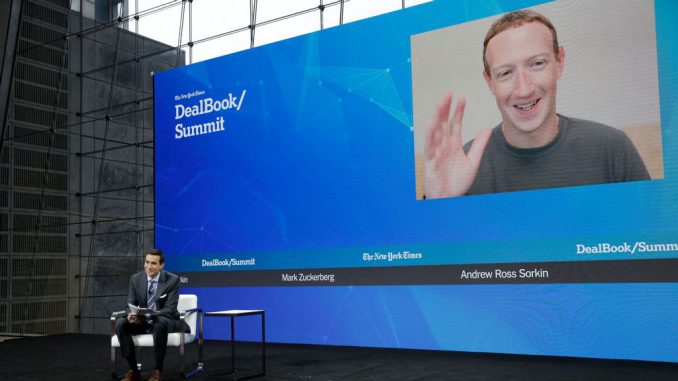 Andrew Ross Sorkin and Mark Zuckerberg on stage at the 2022 New York Times DealBook on November 30, 2022 in New York City. (Photo by Thos Robinson/Getty Images for The New York Times)