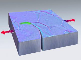 Green marks the spot where a fissure formed and then fused back together in this artistic rendering of nanoscale self-healing in metal, discovered at Sandia National Laboratories. Red arrows indicate the direction of the pulling force that unexpectedly triggered the phenomenon. (DAN THOMPSON VIA SWNS)