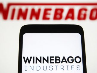 Winnebago Industries Inc. logo is seen on a smartphone screen and in the background.The Solis Pocket 36B system eliminates the need for shore power, powering air conditioning, lighting, water heaters, water pumps, appliances and device recharging.  PAVLO GONCHAR/SOPA IMAGES/LIGHTROCKET VIA GETTY IMAGES. 