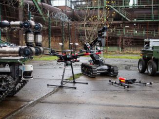 06 December 2018, North Rhine-Westphalia, Dortmund: Various ground and flying robots are exhibited at a presentation. The robots are part of research projects for rescue robots.The Air Force Research Laboratory (a href=https://www.afrl.af.mil/AFRL/a) detailed plans on Wednesday (July 5) for autonomous drones to fly alongside jets. PHOTO BY CHRISTOPHE GATEAU/GETTY IMAGES