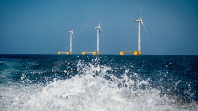 This photograph shows wind turbines at the Wind Float Atlantic floating offshore wind farm, around 20km from the coast of Viana do Castelo, northern Portugal, on July 25, 2023. In the world’s increasingly desperate pursuit of ways to reduce the polluting emissions from oil-powered vehicles and to mitigate the ravages of climate change, shipping remains one of the hardest rocks to crack. PHOTO BY MIGUEL RIOPA / GETTY IMAGES 