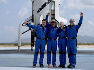 strongIN FILE - Blue Origin’s New Shepard crew (L-R) Oliver Daemen, Jeff Bezos, Wally Funk, and Mark Bezos pose for a picture after flying into space in the Blue Origin New Shepard in Van Horn, Texas, on July 20, 2021. Compared to Tesla CEO Elon Musk's SpaceX, Amazon founder Jeff Bezos' Blue Origin is developing much more slowly, and the former has not yet reached the milestone of orbit, according to an article published earlier this week by The Wall Street Journal. JOE RAEDLE/GETTY IMAGES/strong