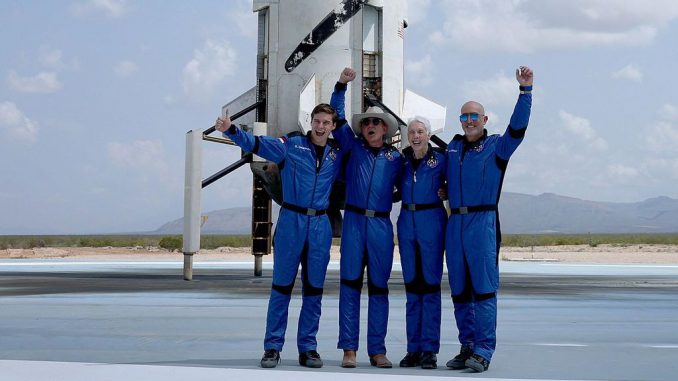 strongIN FILE - Blue Origin’s New Shepard crew (L-R) Oliver Daemen, Jeff Bezos, Wally Funk, and Mark Bezos pose for a picture after flying into space in the Blue Origin New Shepard in Van Horn, Texas, on July 20, 2021. Compared to Tesla CEO Elon Musk's SpaceX, Amazon founder Jeff Bezos' Blue Origin is developing much more slowly, and the former has not yet reached the milestone of orbit, according to an article published earlier this week by The Wall Street Journal. JOE RAEDLE/GETTY IMAGES/strong