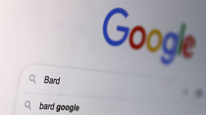 strong'Bard' word in Google search engine is seen displayed on a laptop screen in this illustration photo taken in this illustration photo taken in Krakow, Poland, on August 2, 2023. Google is implementing a new policy that will force election advertisers to declare the usage of artificial intelligence techniques in creating their messaging to increase transparency and accountability in political advertising. JAKUB PORZYCKI/NURPHOTO/GETTY IMAGES/strong