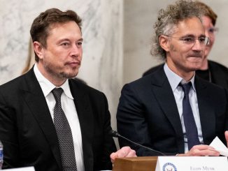 Elon Musk, CEO of Tesla and owner of X, left, and Palantir CEO Alex Karp arrives participate in the AI Insight Forum in the Russell Senate Office Building in September 2023. BILL CLARK/CQ-ROLL CALL, INC VIA GETTY IMAGES.