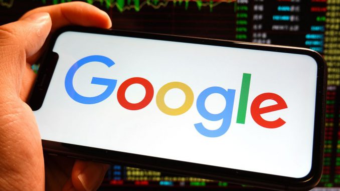 A Google logo is displayed on the screen of an iPhone in China on September 9, 2023. The new iOS 17 update still shows Android messages in green bubbles, and it does not look like Apple is going to stop doing this anytime soon, either.  SHELDON COOPER/SOPA IMAGES/LIGHTROCKET VIA GETTY IMAGES.