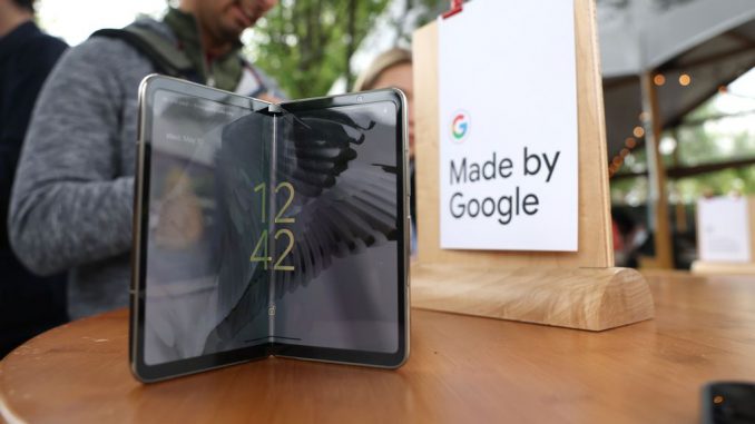 The new Google Pixel Foldable phone is displayed during the Google I/O developers conference at Shoreline Amphitheatre on May 10, 2023, in Mountain View, California. Google is catching up to Apple with a new feature in Android 14 – the ability to use your Pixel phone as a webcam. JUSTIN SULLIVAN/GETTY IMAGES.