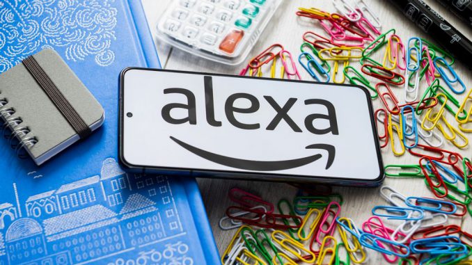 Photo illustration of an Amazon Alexa logo seen displayed on a smartphone. The large language model (LLM) will enable Alexa to create messages on behalf of users and respond in more natural ways with a more human-like voice without being prompted by a wake word. MATEUSZ SLODKOWSKI/SOPA IMAGES/LIGHTROCKET VIA GETTY IMAGES.