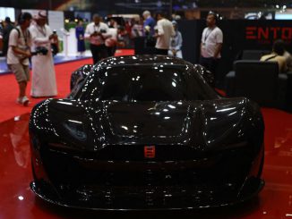 strongA Entop (Afghanistan manufacturer) Mada 9 supercar is on display during the opening ceremony of the Geneva International Motor Show (GIMS) at the Doha Exhibition and Convention Center on October 6, 2023. The newly launched black simurgh from Entop in Afghanistan represents the country's art and technology. KARIM JAAFAR/AFP/GETTY IMAGES. /strong